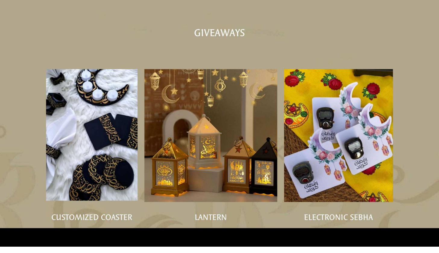 Ramadan giveaways — coasters, lanterns, sebhas